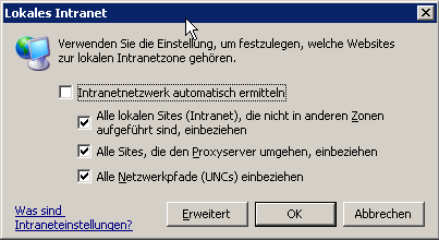 Einstellungen der Intranet Zone mit deaktiviertem Intranetnetzwerk automatisch ermitteln